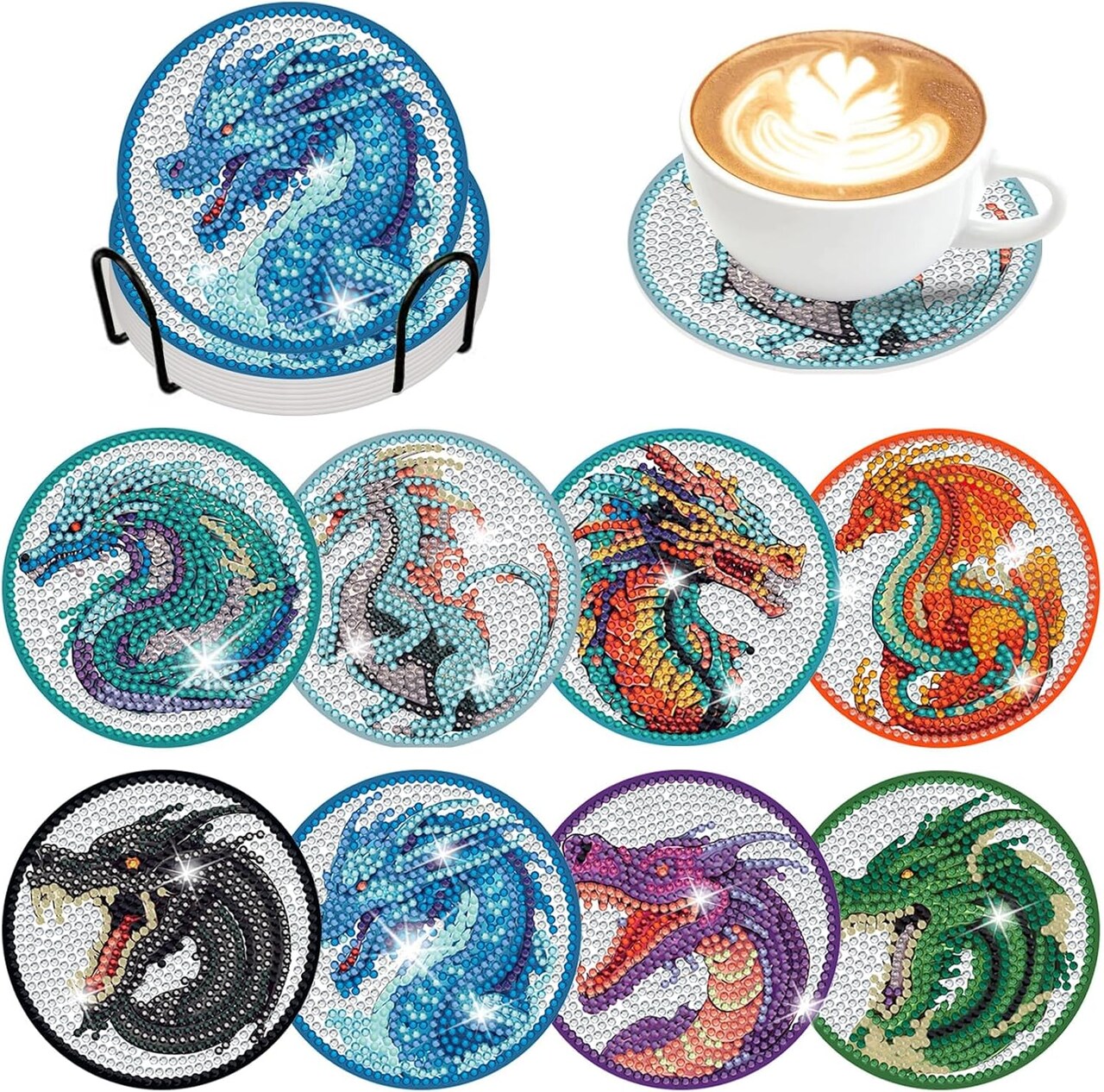 8-Piece Dragon 3D Diamond Coaster Kit with Holder – DIY Non-Slip Diamond Art for Adults, Christmas Gift